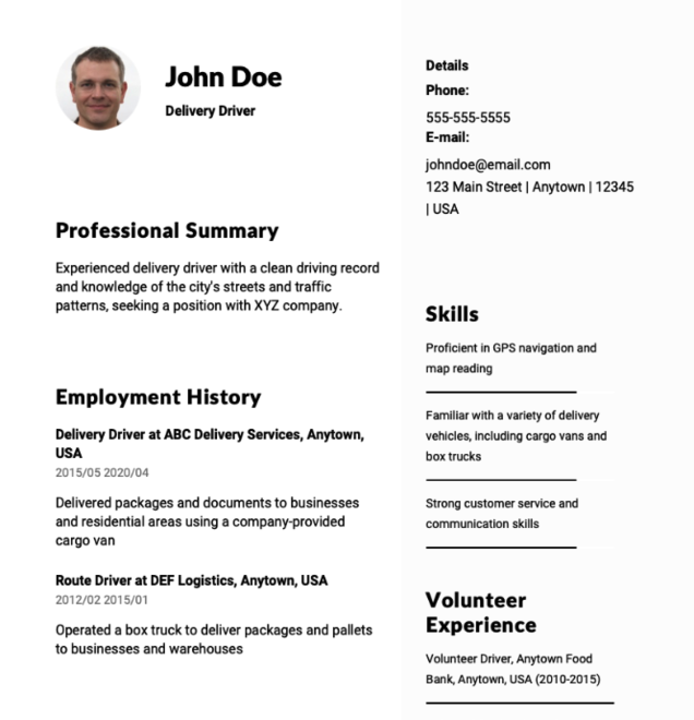 Delivery Driver Resume Example