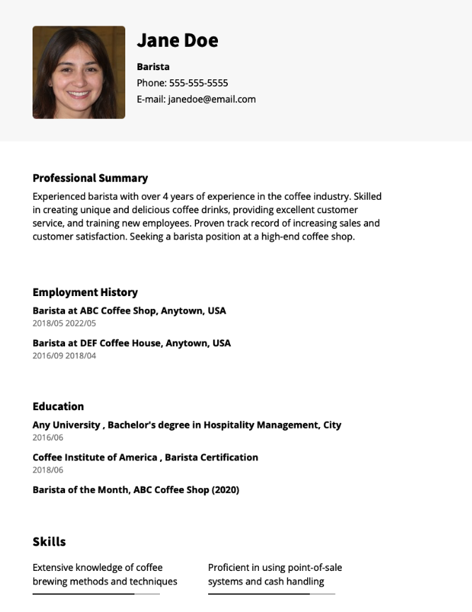 Barista Resume Example