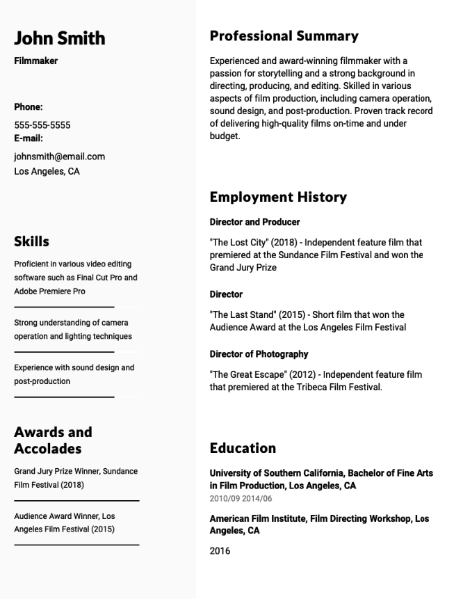 Filmmaker Resume Example
