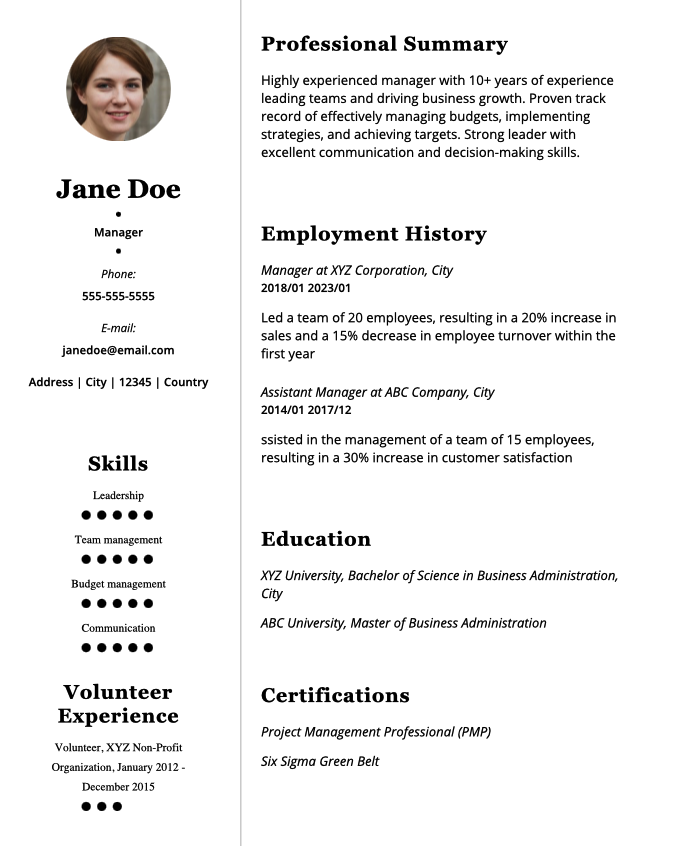 Manager Resume Example