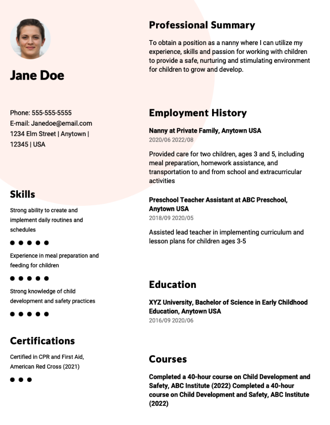 Nanny Resume Example