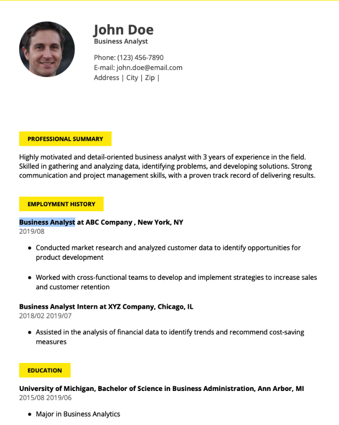 Business Analyst Resume Example